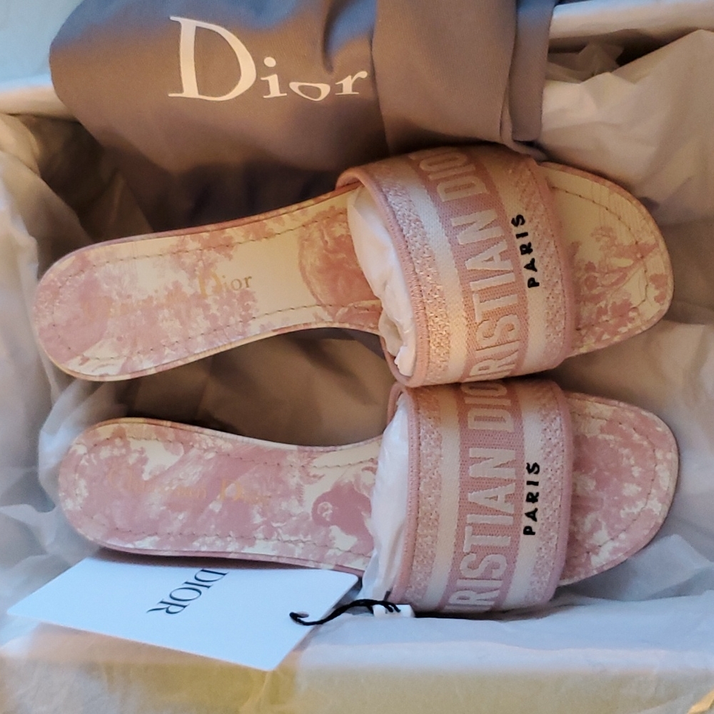 Dway Heeled Slide Toile de Jouy Light Pink and Ecru Embroidered - Picture 3 of 17